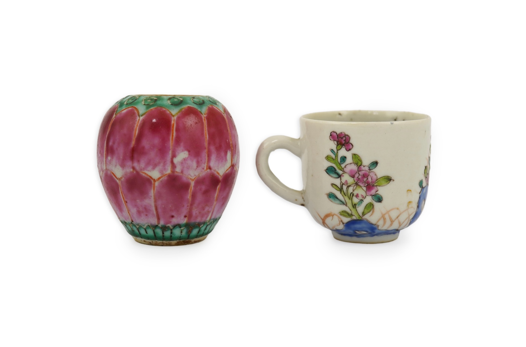 An unusual Chinese famille rose miniature coffee cup and a lotus bud shaped jar, Qianlong period